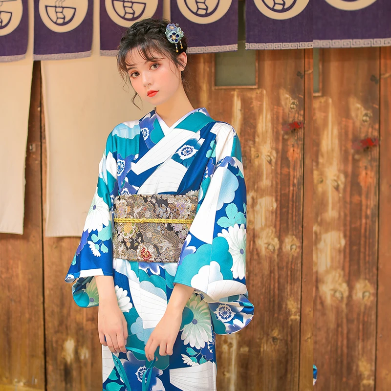 

Women's Kimono Robe Traditional Japan Yukata Light Blue Color Floral Prints Summer Dress Performing Wear Cosplay Clothing