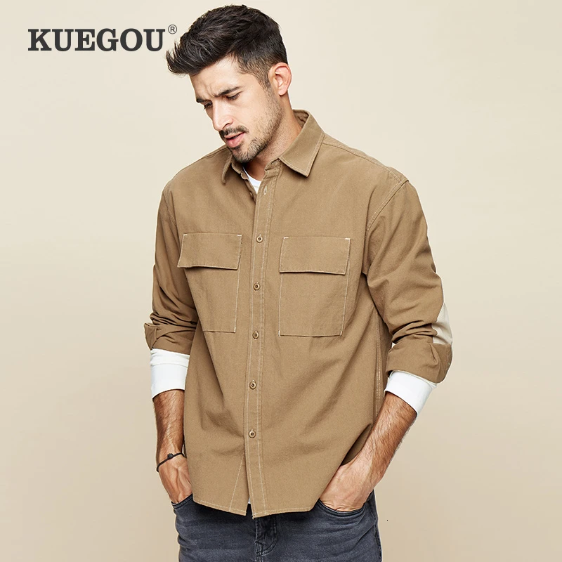 

KUEGOU 2019 Autumn 100% Cotton Embroidery White Shirt Men Dress Casual Slim Fit Long Sleeve For Male Fashion Brand Blouse 6960