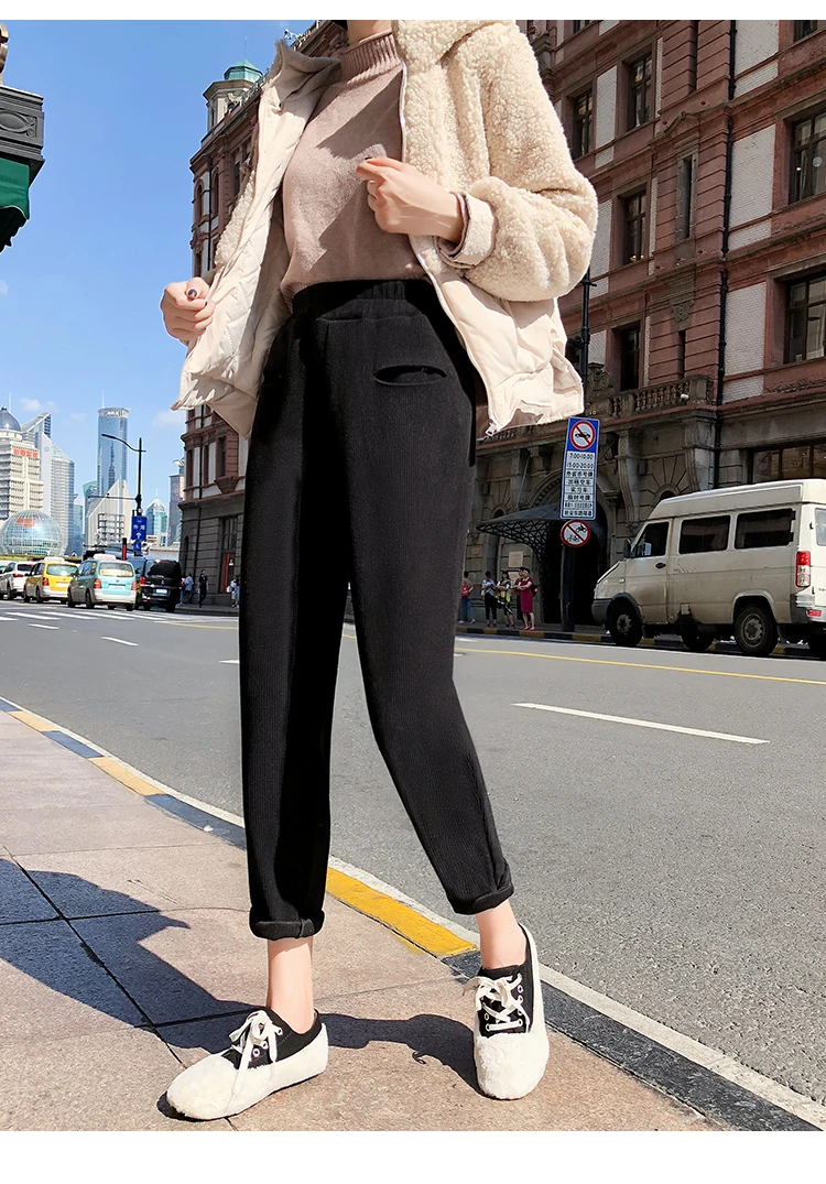 KINOMI Autumn Winter Thicken Corduroy Trouser for Women High Waist Women Pants Female Korean Harem Casual Long Pants New