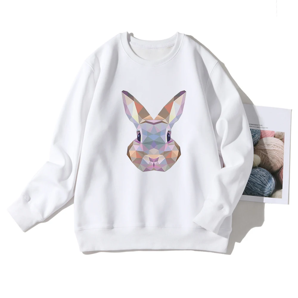 

Cute Crystal Rabbit Print Women Plus size White Hoodie Winter Indoor Family Fitness Sweatshirt Loose Breathable Warm Pullover