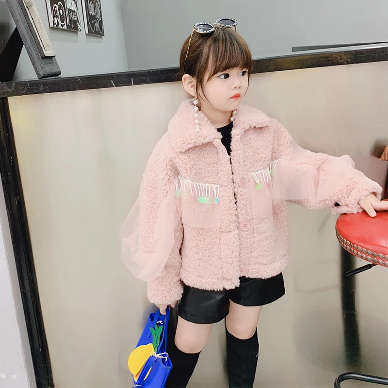 Lotus pink Пальто с мехом в стиле пэчворк для маленьких девочек коллекция года, новая зимняя куртка из овечьей шерсти с блестками детская верхняя одежда милые топы, От 3 до 10 лет, ws1134 - Цвет: Lotus pink