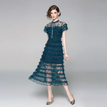 

Cake Dresses Sexy Lady's Mesh Panelled Long Dress Runway Fashion Ruffle Dress