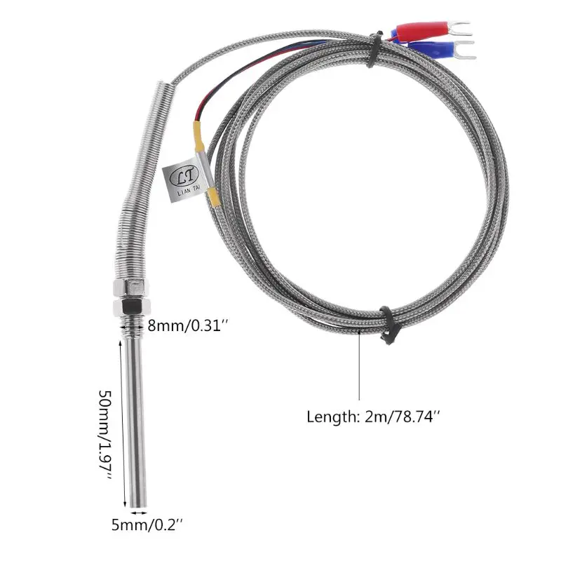 2 м PT100 термопары зонд 5 мм x 50 мм Датчик температуры 3 провода 0-400C