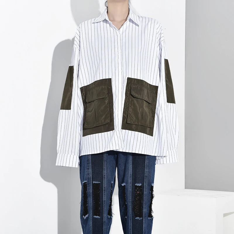 

LANMREM 2019 New Autumn And Winter Vintage Lapel Stitching Long Sleeve Vertical Striped Pocket Shirt Women's Clothing PA146