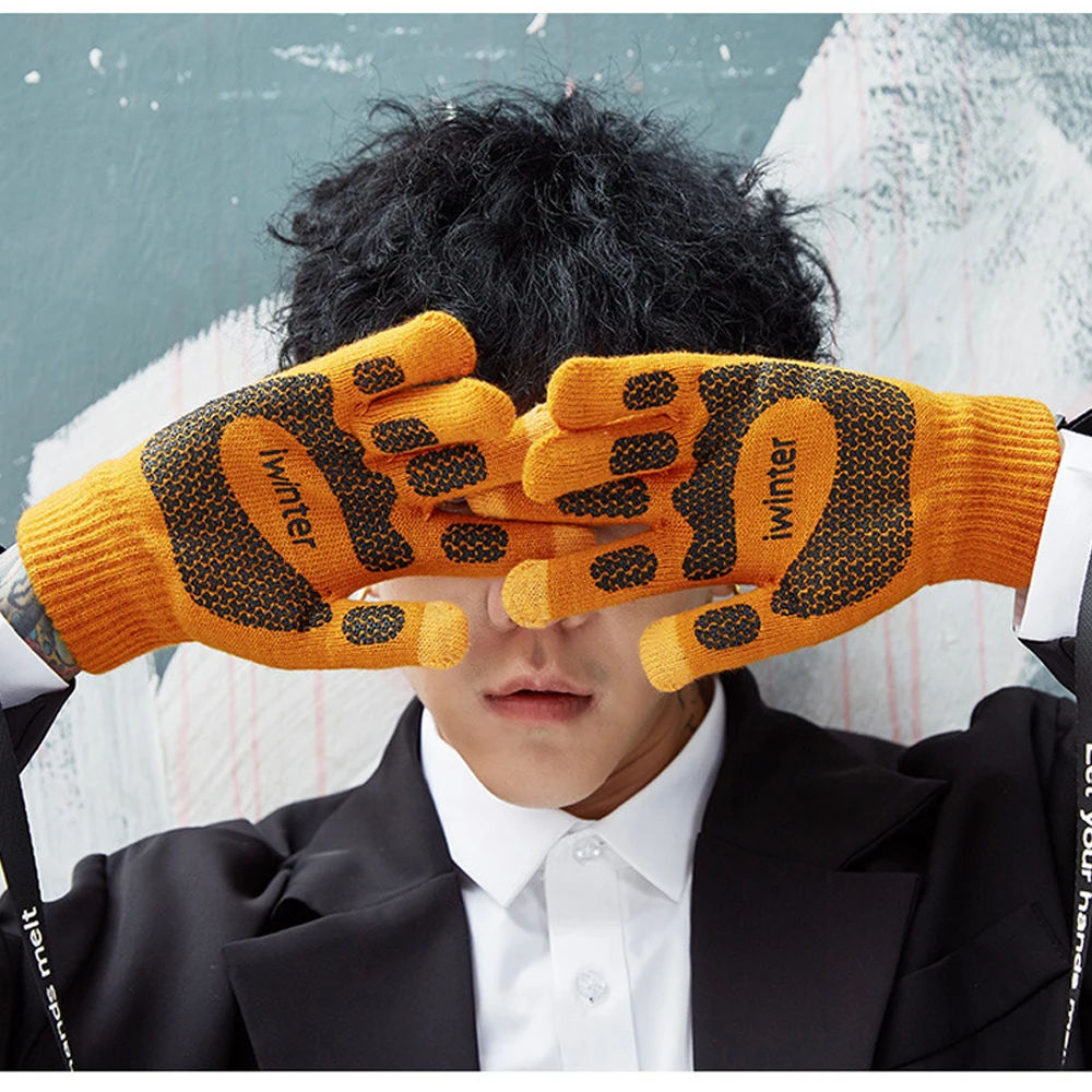 1Pair Winter Gloves With Hanging Rope Knit Mitten Anti-slip Touch Screen Gloves Wool Warm Gloves for Men Boys