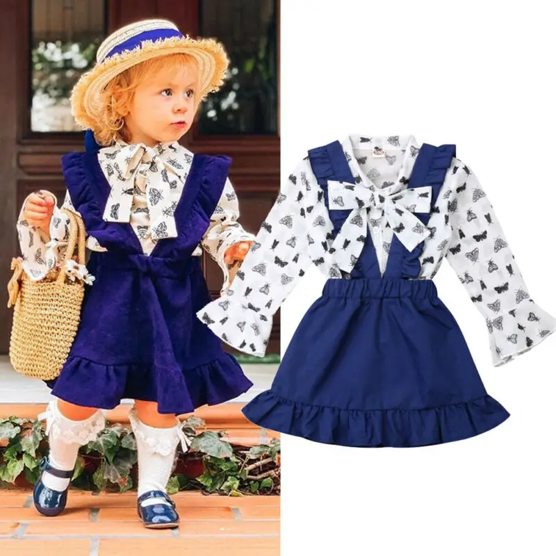  2019 Autumn Kids Baby Girls Clothing Sets Princess Long Sleeve Bow Tops T-Shirt+Suspender Skirts 2P