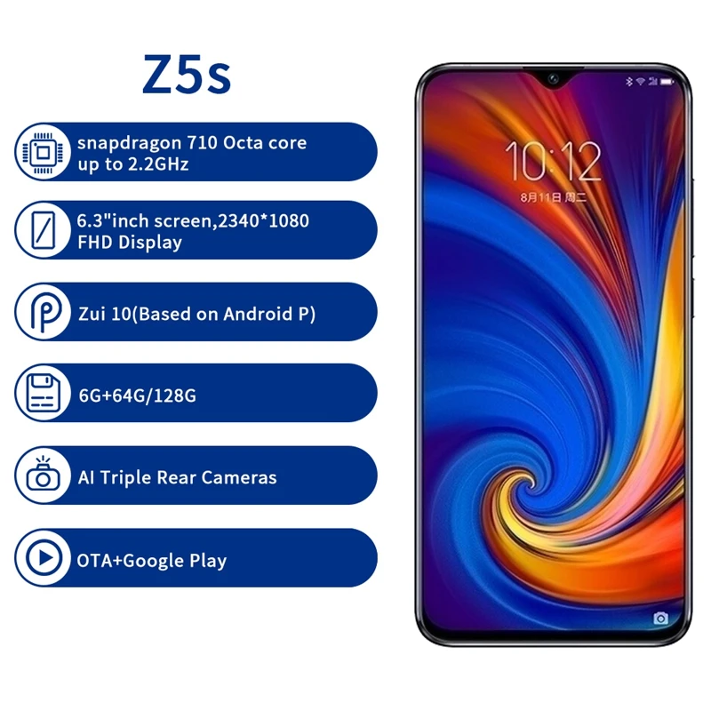 Мобильный телефон lenovo Z5S L78071 с глобальной прошивкой, 6 ГБ, 64 ГБ, Android 6,", смартфон с тройной задней камерой 16 Мп, Восьмиядерный процессор Snapdragon 710, 3300 мА/ч