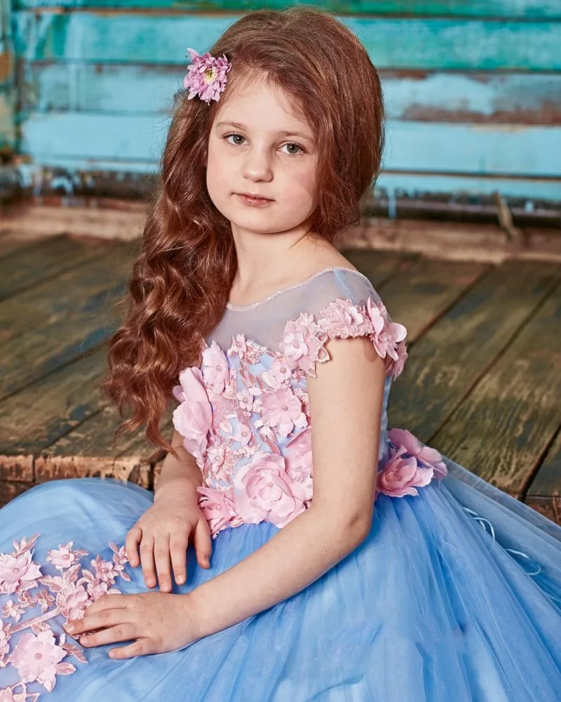 High Quality Customized Blue Flower Girl Dress for Wedding Party with Pink 3D Flowers Puffy Tulle Kids Girls Pageant Gown