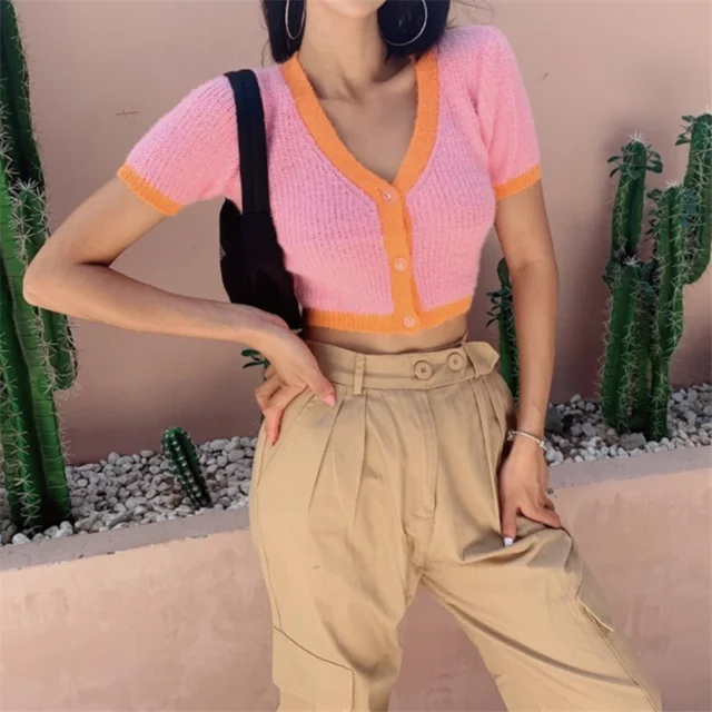 US $9.99 Cropped Cardigan Knitted V Neck Sweater Women Kawaii Cardigan Crop Top Ladies Streetwear Korean But