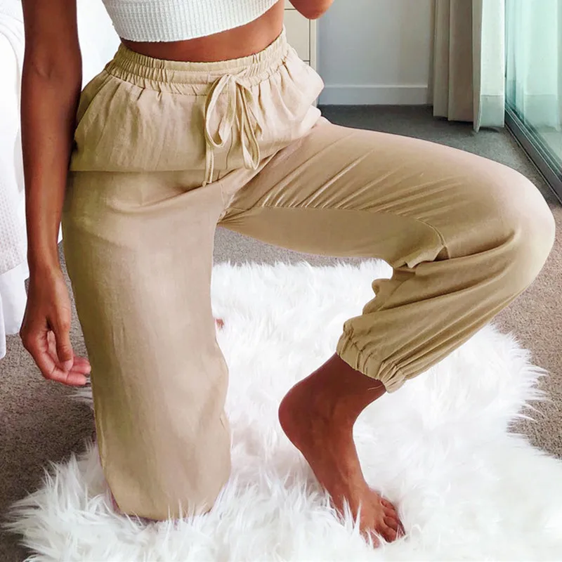 

BornToGirl Women Casual Elastic Waist Navy Blue Pink Khaki Green Linen Pants