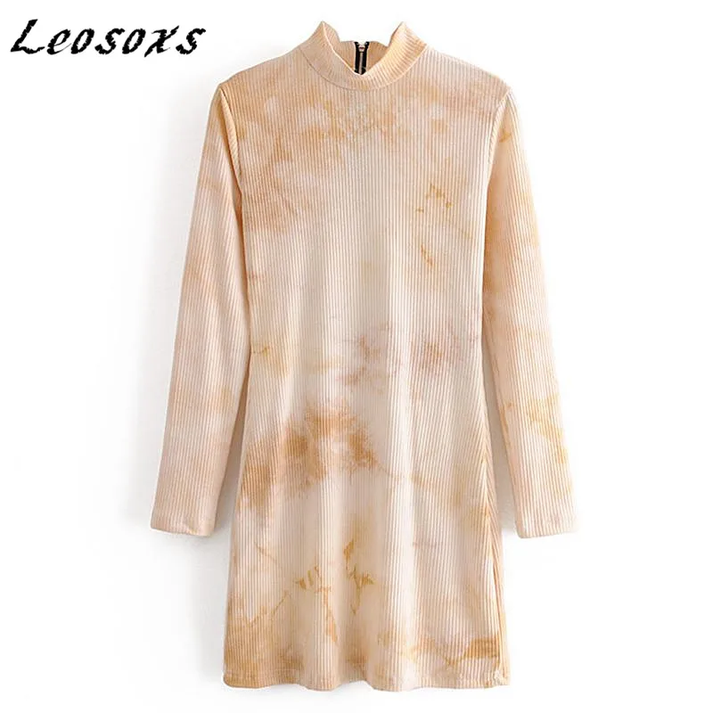 

Leosoxs fashion tie-dye knitted women dress zipper stand collar long sleeve High waist Casual all-match dresses 2020 Autumn New