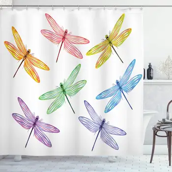 

Country Decor Collection, Group of Dragonflies with Colored Patches and Elongated Body Flat Winged Wild Animal Design, Polyester