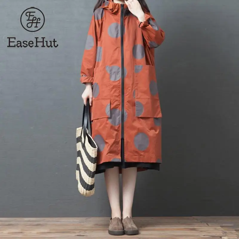 EaseHut, осенне-зимнее длинное пальто для женщин, узор в горошек, стоячий воротник, длинный рукав, карманы, молния, повседневная куртка, верхняя одежда