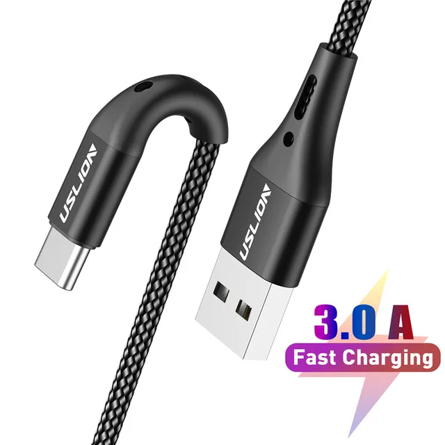 USLION 3A 3m USB Type C Cable For Xiaomi Redmi Note 10 Fast Phone Charging Wire USB C Cable For Huawei P40 Mate 30Type C Charger Black