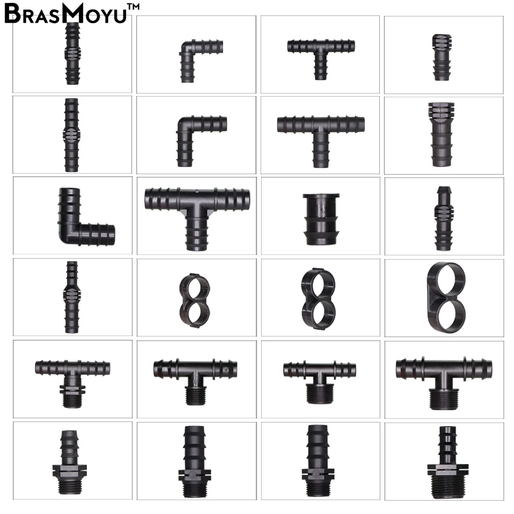 

BRASMOYU 16 20 25mm Garden Irrigation Tubing Barbed Connector Fitting Tee Elbow Couplings End Plug Micro Drip Adapter for Garden