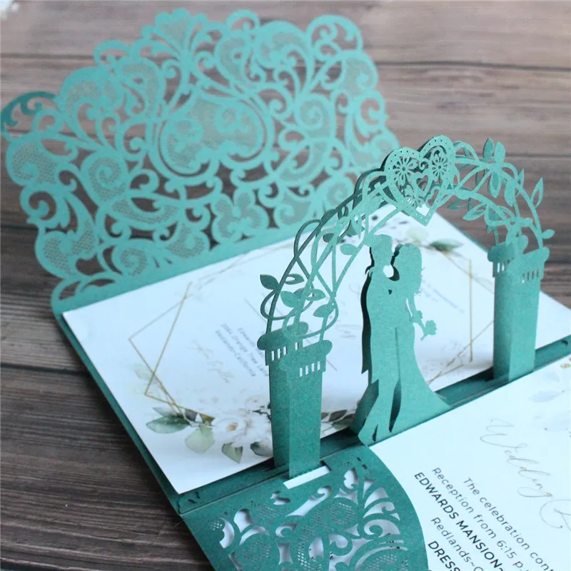 Wedding Invitations Marriage Announcements 3D Flower Laser Cut Nostalgic Pocket Invites