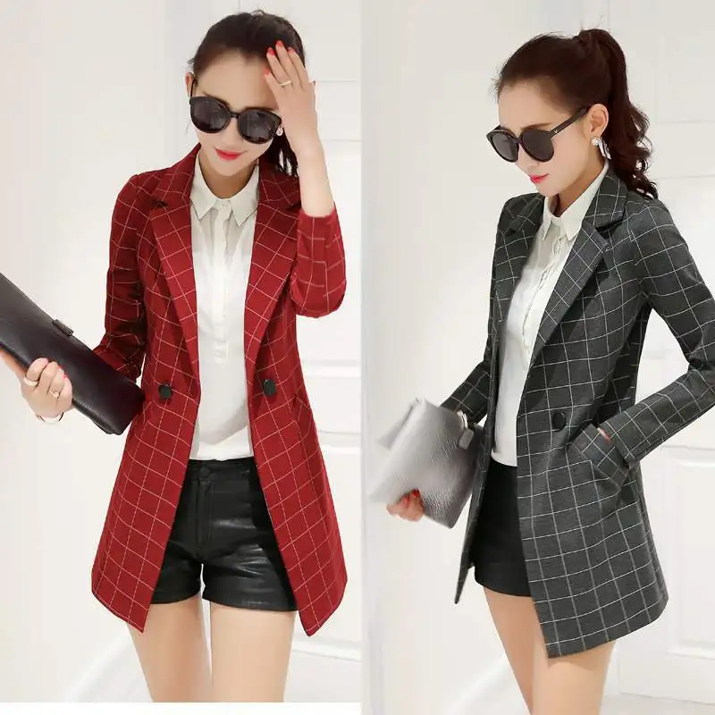 

2019 new fashion slim plaid ladies small suit jacket Korean version of the long-sleeved format long women's blazer Office suit