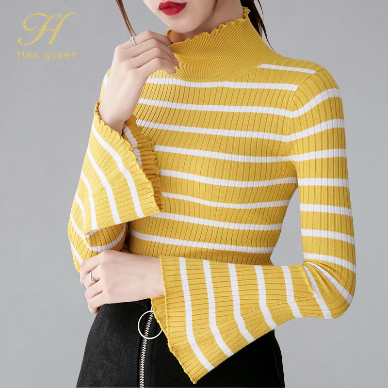 

H han queen Stripe Sweater Women Flare Sleeve Pullover Female Bottoming Autumn Winter Turtleneck Sweaters Korean Knit Tops Femme