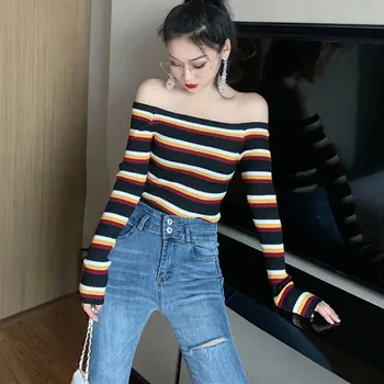 

New Korean Fashion Casual Retro Rainbow Striped Long Sleeve Sweater Slim Collar Slim Thin Sweater