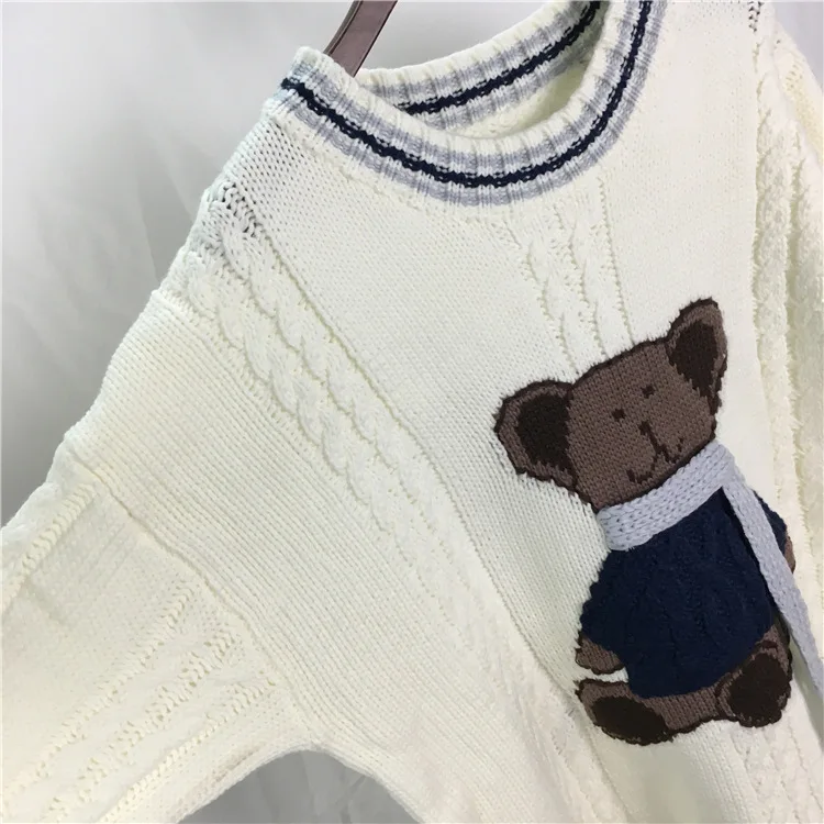 Новые женские модные вязаные топы, свободный твист медведь шаблон рукав полосатый свитер с цветными вставками
