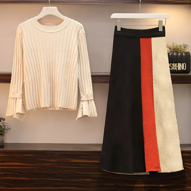 Женский свитер костюмы осень зима мода с расклешенными рукавами вязаный пуловер
