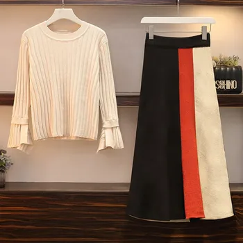 

Women Sweater Suits Fall Winter fashion Flare sleeve Knitted sweater Pullover tops + High waist Hit color Midi Skirt 2 pieces
