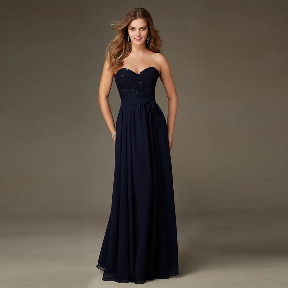 

Simple Elegant Sweetheart Backless Lace Sequined Sashes Chiffon Long A-Line vestido de dama de honra Bridesmaid Dresses 2016