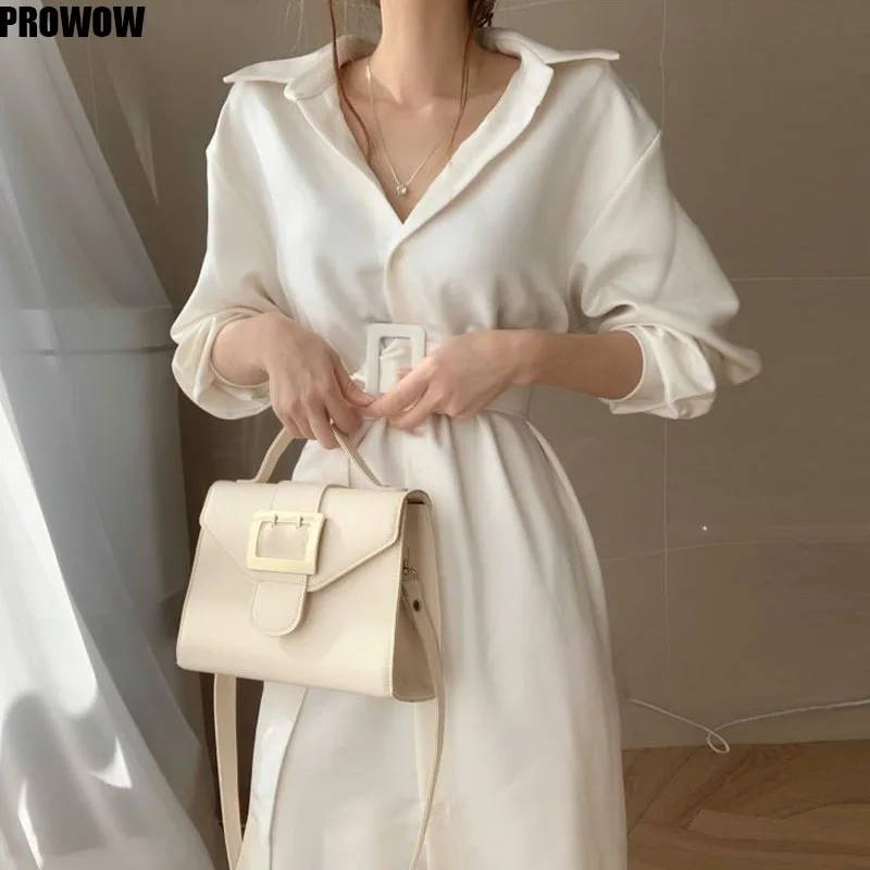 2020 Spring Office Elegance Women Long Sleeve Midi Dresses Korean Single Breasted Vestidos Belt Slim Waist Dress Female