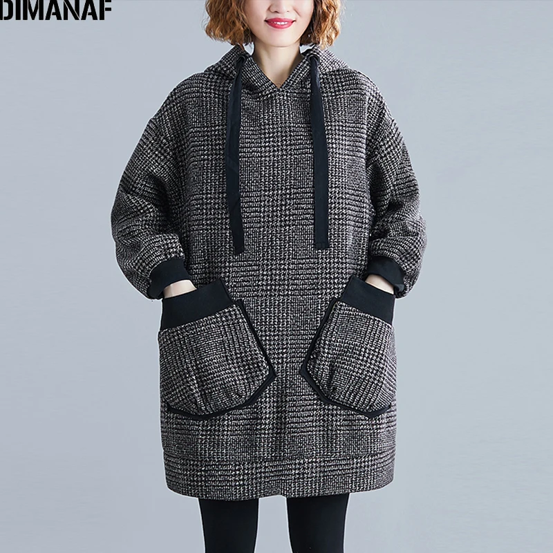 Skup DIMANAF Plus rozmiar zima kobiety bluzy z kapturem bluzy z kapturem Oversize w stylu vintage Plaid kobiet swetry Top luźna bawełniana gruba z kapturem ubrania