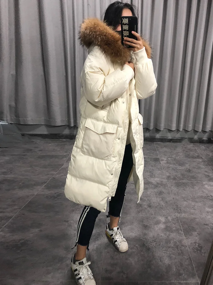 Большой меховой воротник Женская Мода пуховик средней длины Slim Fit зима стиль корейско-Стиль для похудения талии облегающие ботфорты