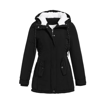

Gothic Black Cotton Coats Women Casual Hooded Jacket Coat Fashion Simple High Street Slim Winter Warm Thicken Basic Tops Female