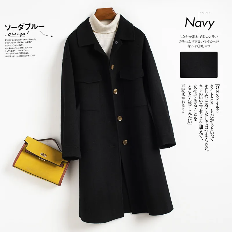 Black YSC Handmade New design women high quality Pure Wool Coat Turn collar Loose Thickening coat Lengthening style Pocket decoration - Color: Black