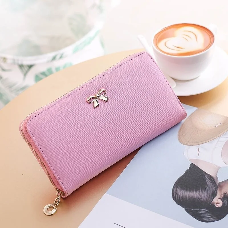 1 шт. Длинный кошелек с бантиком кожа большая емкость на молнии для монет сумка