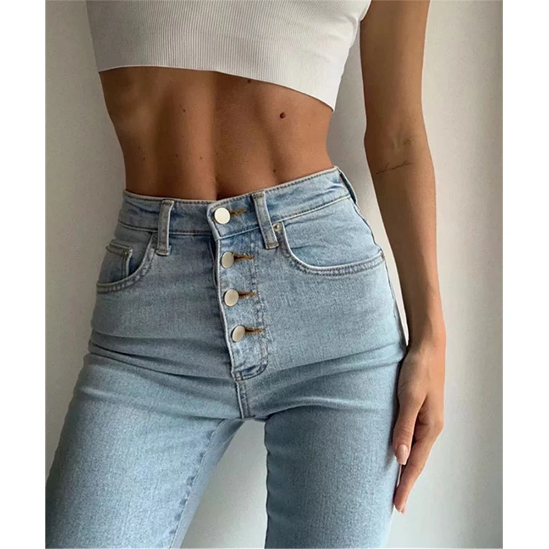 

High Waisted Multi Button Design Pencil Pants 2020 Autumn New Single Breasted Jeans Women's Feet Pants Tight Fitting Trousers