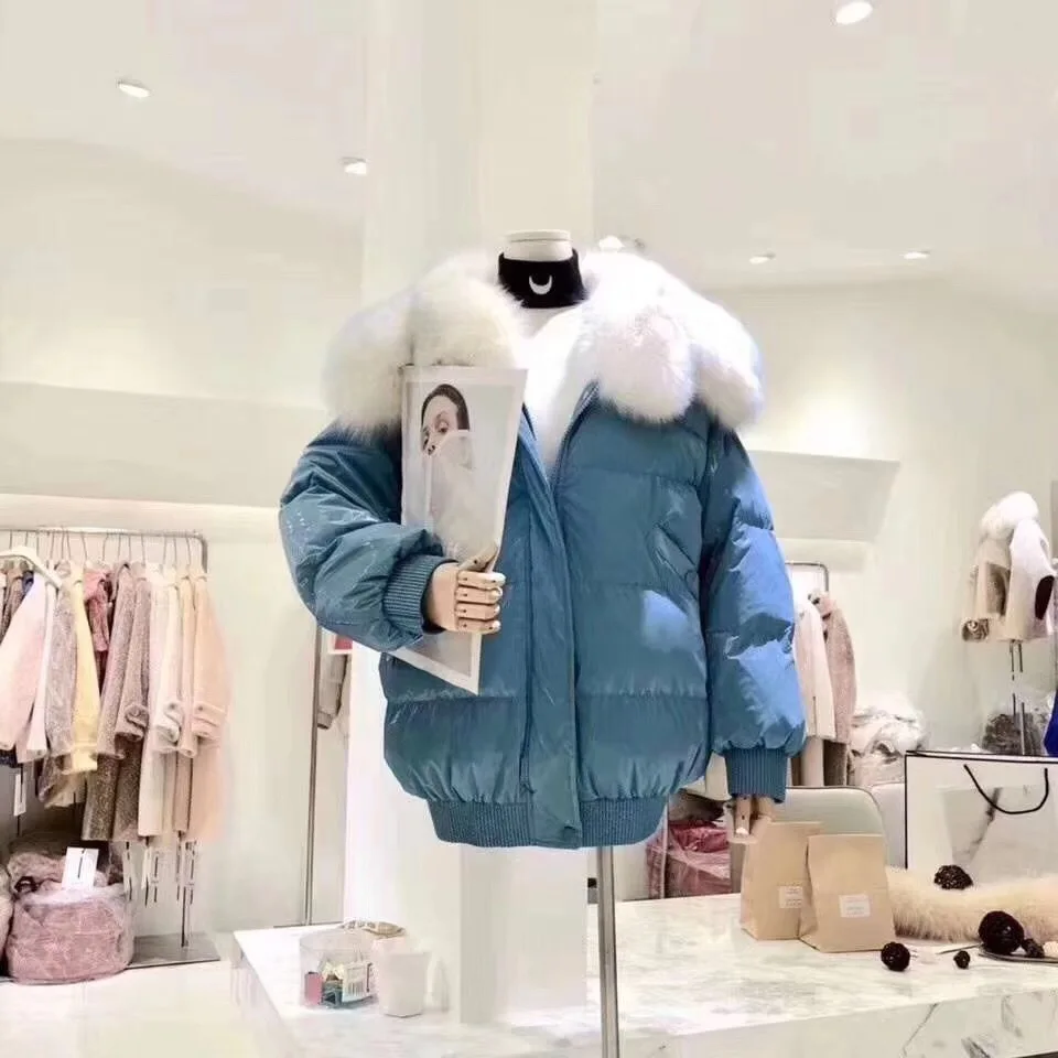 Южная Корея, стиль, импортные товары, женское платье, пуховое пальто, белое, утиный пух, средней длины, Лисий мех, брендовый пуховик Wo