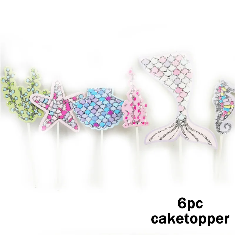6pc Caketopper Вечерние украшения в виде русалки, скатерть, подстаканник, соломенная салфетка, свечи, подарочная коробка для конфет, попкорна, детский подарок на день рождения, сделай сам - Цвет: 6pc Caketopper