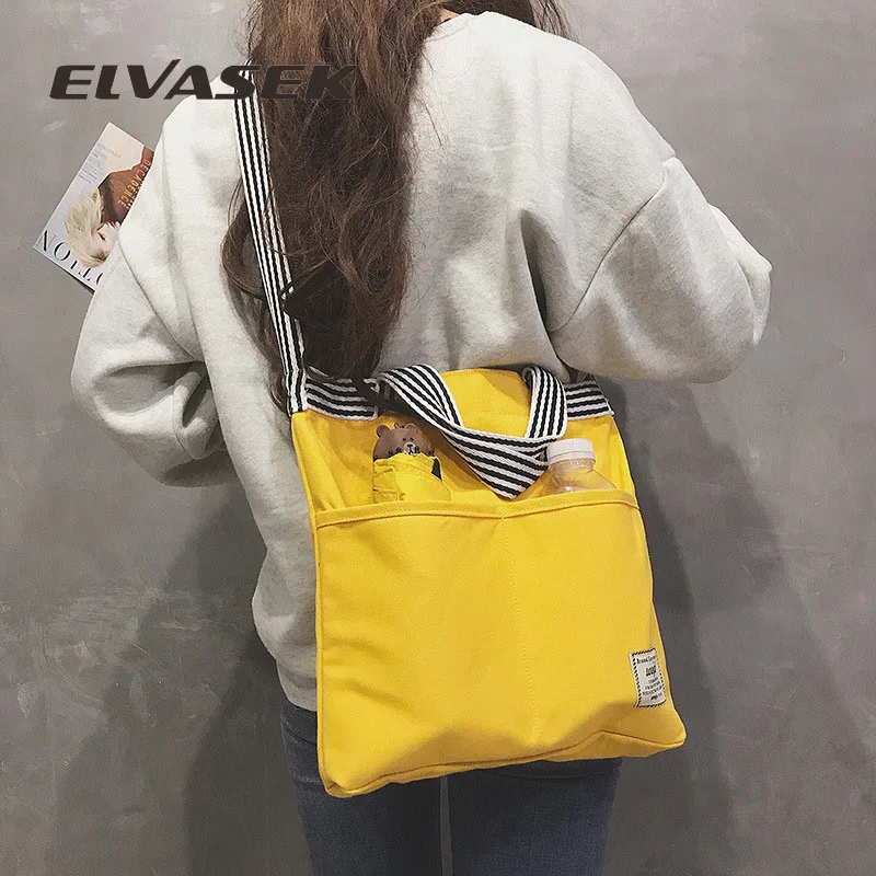 

ELVASEK Women's handbag canvas tote bag 2019 new striped and printed shoulder canvas bag double pocket fashion casual bag