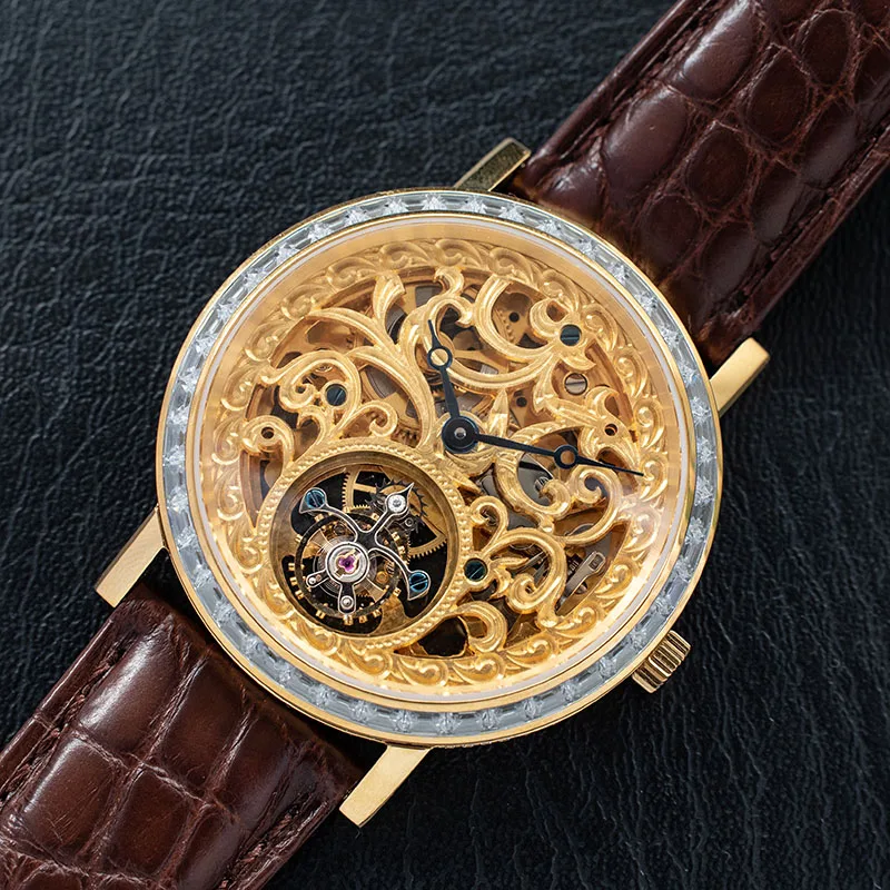 Супер роскошные бриллиантовые мужские часы с турбийоном и полым скелетом, Лидирующий бренд ST8000K, сапфировые часы, мужские механические часы с турбийоном - Цвет: Gold