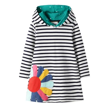 

2019 Autumn Princess Girls Long sleeve striped Dress with flower Sundress Children Clothes