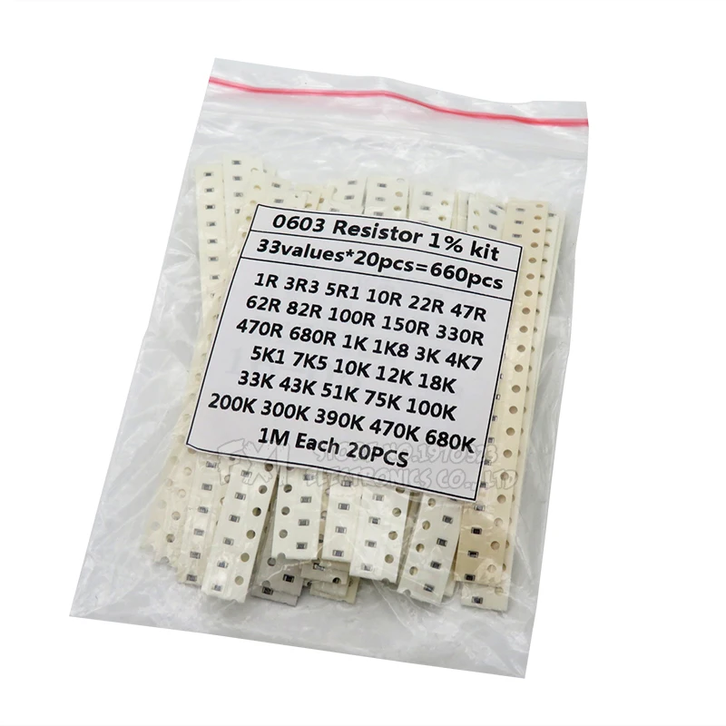 0603 SMD Resistor Kit Assorted Kit 1ohm-1M ohm 1% 33valuesX 20PCS=660PCS Sample Kit