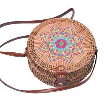 

ASDS-Hand-Woven Round Rattan Bag Shoulder Leather Strap Natural Chic Handmade