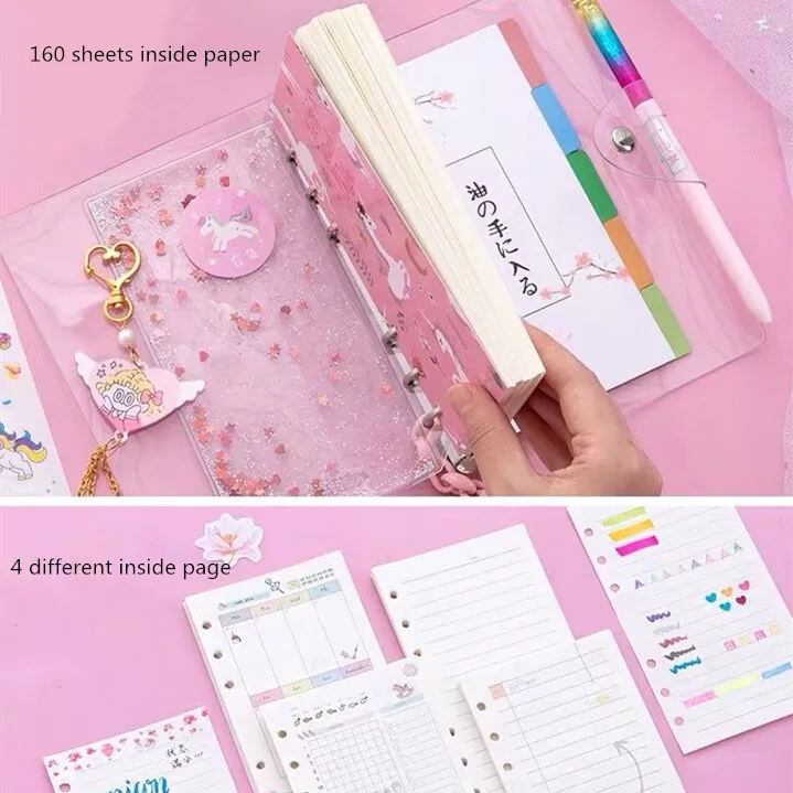 Sharkbang Kawaii Bling Bling Flores de Cerejeira a6 Folha Solta Diário Caderno Conjunto Diário Nota Agenda Agenda Bullet Planner 160 Folha - Imagem 5