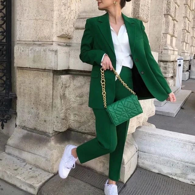 Conjunto de chaqueta de oficina para mujer, de trabajo elegante, chaqueta con bolsillo, abrigo verde,