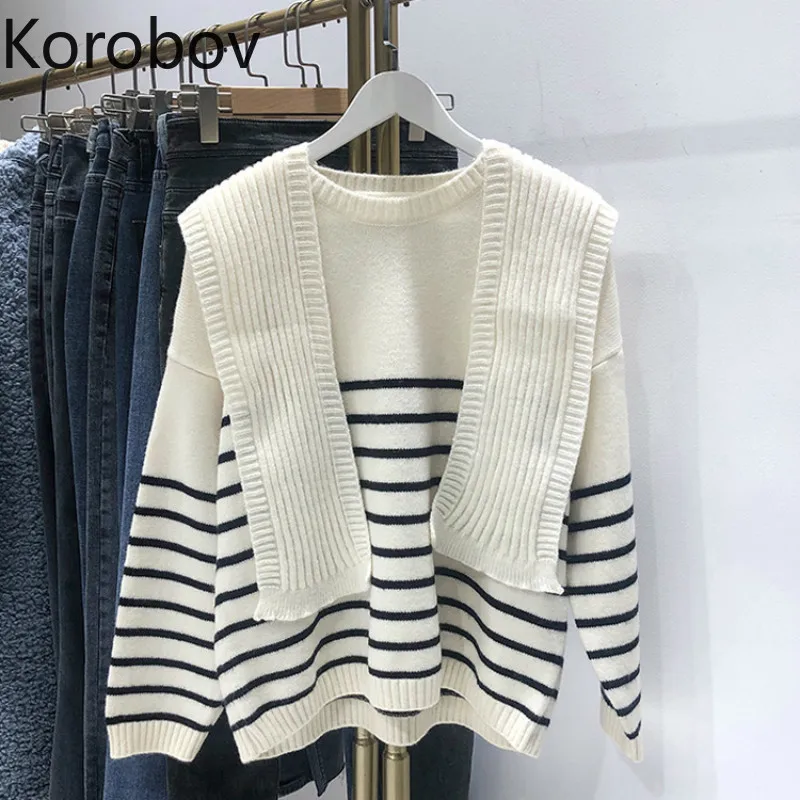 

Korobov Preppy Style Women Knit Striped Sweaters Korean O-Neck Casual Pullovers Autumn Winter Sueter Mujer 79297