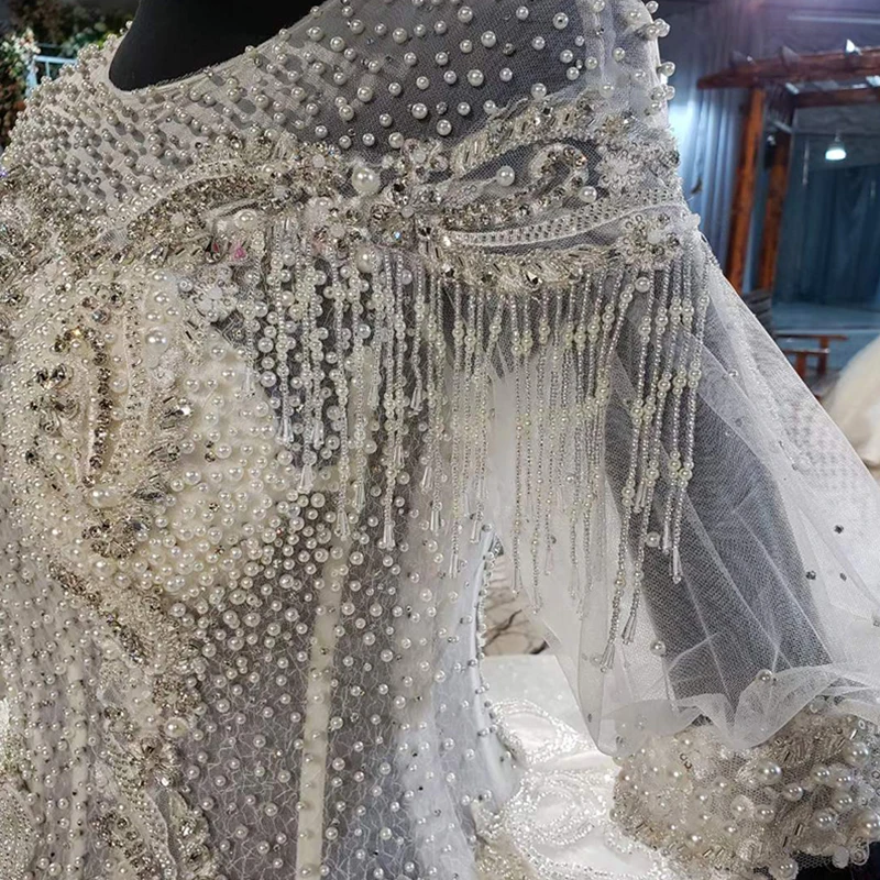 HTL1988 Elegant Extravagant Sequin Crystal Pearls Wedding Dress 2020 O-Neck Short Puff Sleeve Lace Up Back 6