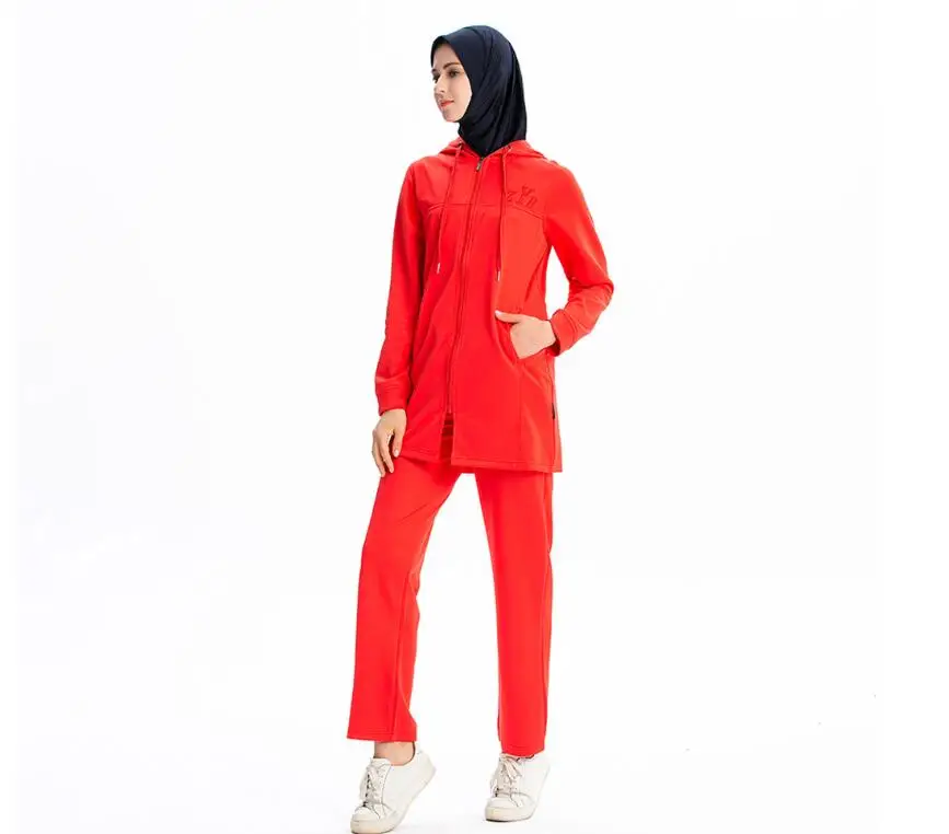 Женский спортивный костюм мусульманский скромный спортивный костюм для бега Femme одноцветная тренировочная толстовка на молнии Спортивная одежда с карманами