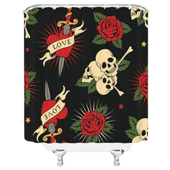 

Love Skull Shower Curtain Love Sword Red Rose Flower Skull Head Skeleton Romantic Holloween Design Waterproof Machine Washable