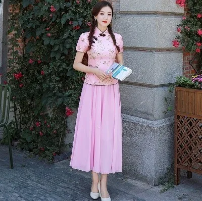 pink top anf skirt Женские рубашки с вишневым цветком, блузка чонсам, желтые, с принтом в виде цветка, Элегантные классические Qipao, топ в китайском стиле, 4XL, китайская одежда - Цвет: pink top anf skirt