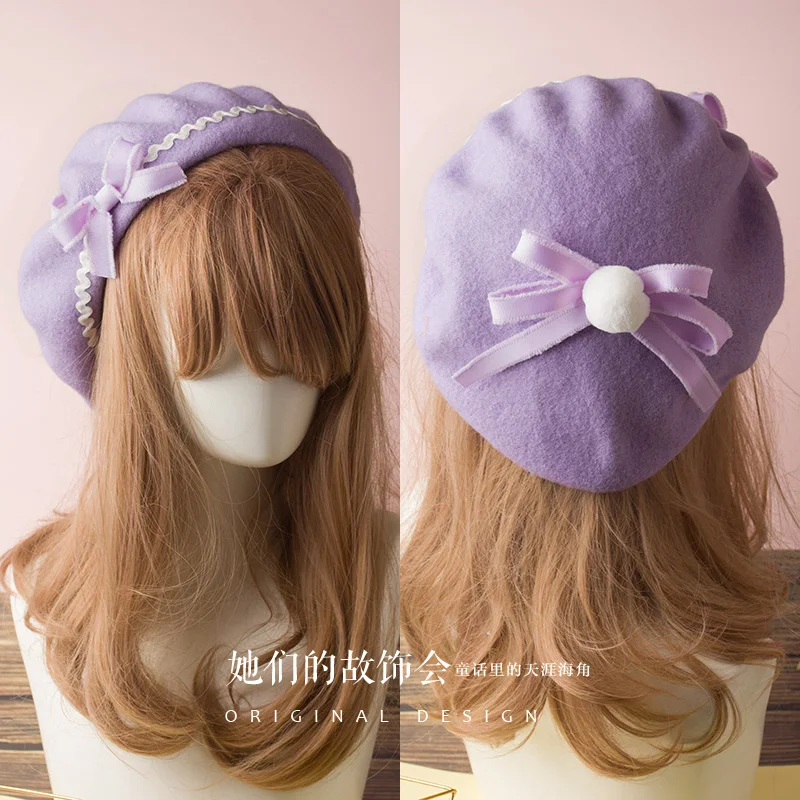 Light purple Японский ручной работы волос лук волна узор мяч берет шляпа бутон вручную жареная мягкая сестра - Цвет: Light purple