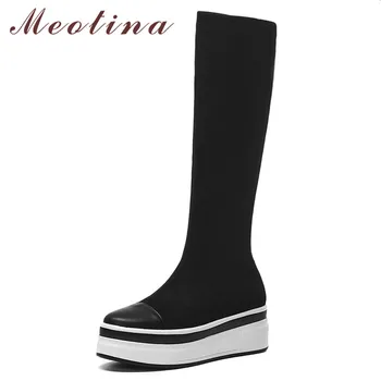 

Meotina Winter Knee High Boots Women Natural Genuine Leather Flat Platform Long Boots Slim Stretch Round Toe Shoes Lady Fall 39